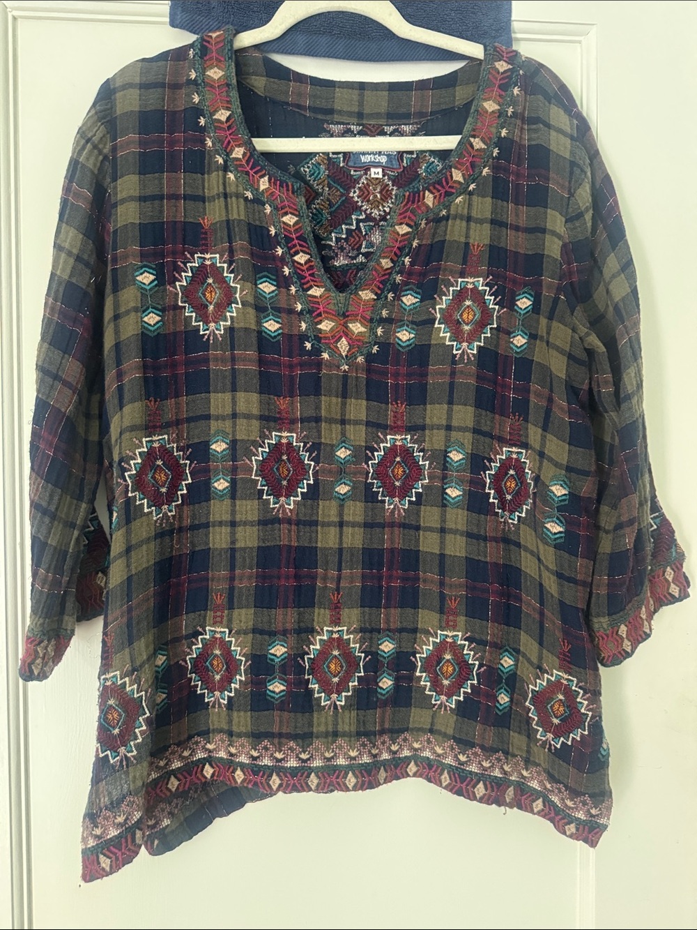 Johnny Was Olive Plaid Embroidered V-Neck Tunic with Teal & Burgundy Accents